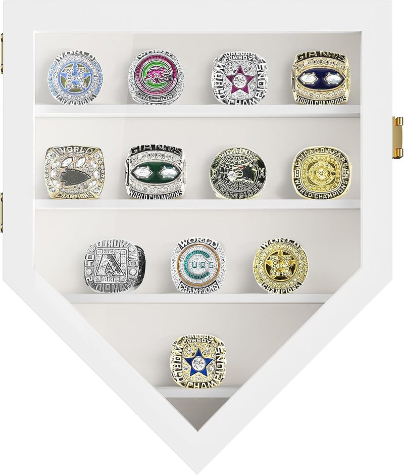 TJMOREE Championship Ring Display Case, 12 Ring Posts Baseball Ring Display Case, Wall Mount Wooden Glass Shadow Box with Locks to Show Sport, Class, Fraternity, and Award Rings - White - Image 2